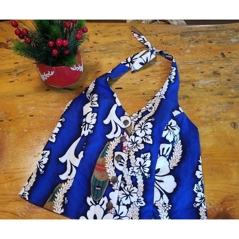 Vintage Hilo Hattie Halter Top Women Small Blue White Cotton Tropical Surfboard